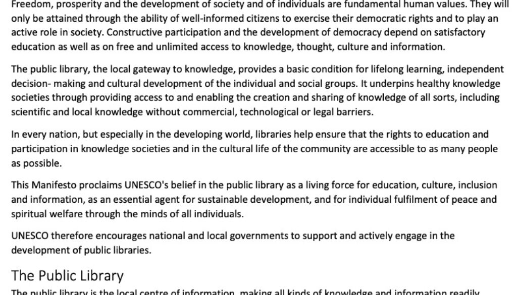 Actualizacion del Manifiesto IFLA-Unesco sobre Biblioteca Publica Manifiesto IFLA-UNESCO sobre la biblioteca pública